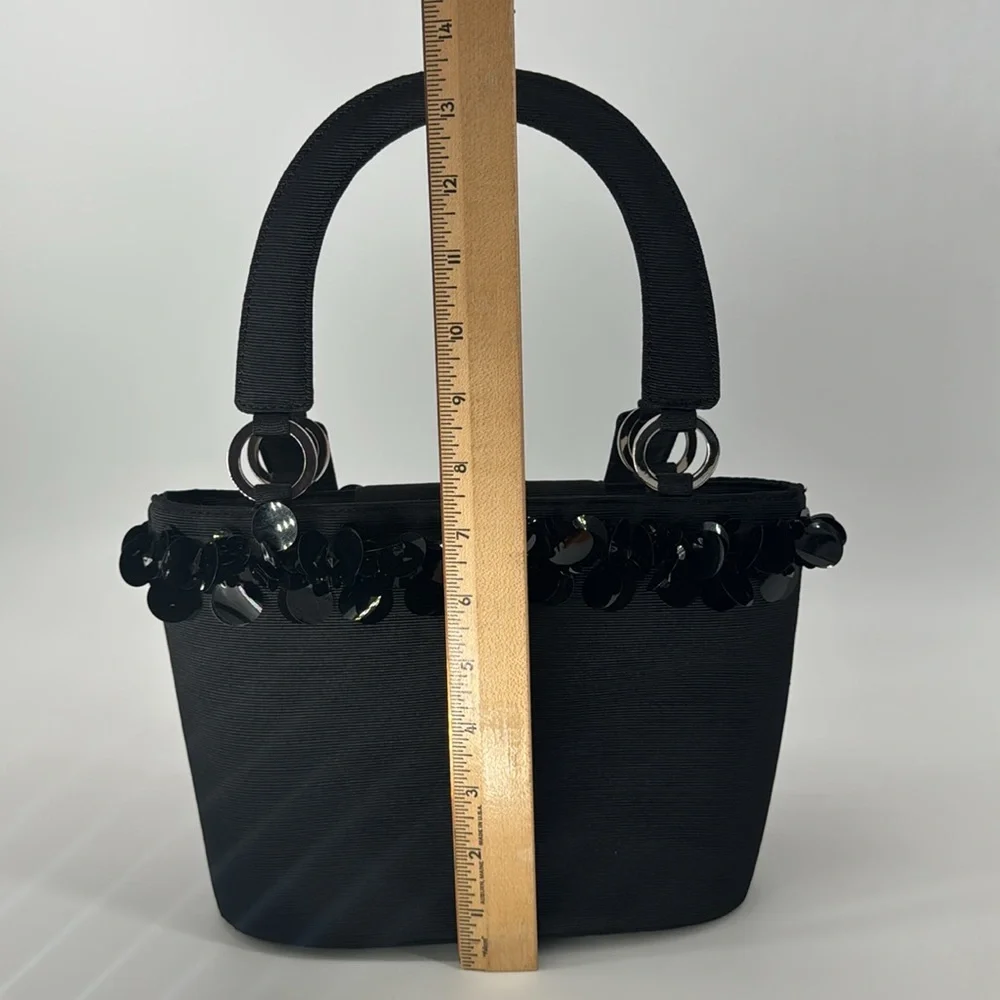 TALBOTS BLACK GROSGRAIN SATIN & BIG DANGLE‎ SEQUINS, BEADED BAG, HANDBAG